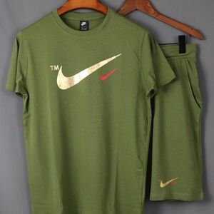 Nike Green Tee and Shorts with Gold and Red Accents